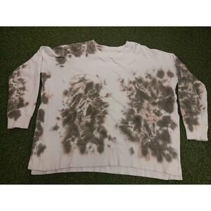 Lucky Brand Sweatshirt Women's Medium White Green Tie-Dye Crew Neck Side Slits